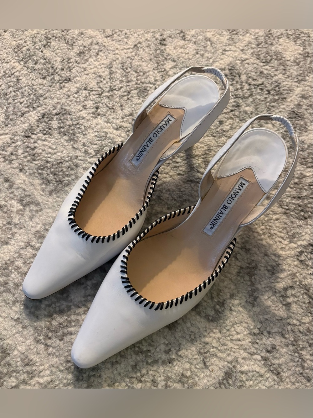 Manolo Blahnik White Leather Black Whipstitch Pointed Toe Slingback Heels